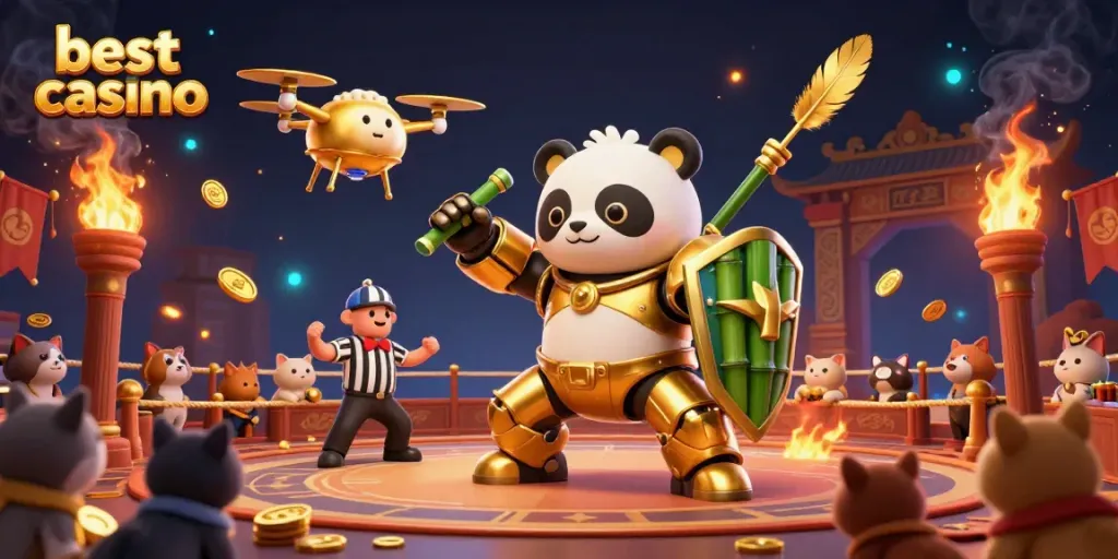 Engage with the best online casino in a vibrant 3D scene featuring a mech-suit panda and exciting gaming elements.