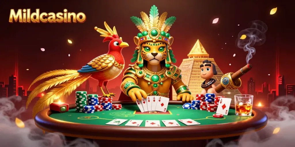 Mildcasino showcases an enchanting scene with a Mayan priest, quetzal bird, and poker elements in vibrant detail.