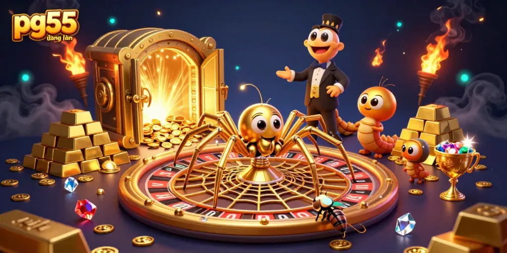 Engage with pg55 đăng nhập as a fly bets nervously while a golden spider spins roulette wheel web.