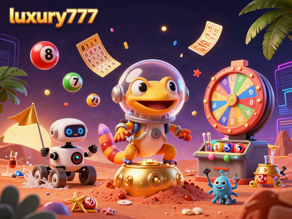 Menangkan permainan lotere dengan luxury777 yang mendebarkan, dikelilingi dadu warna-warni dan kartu bingo emas.