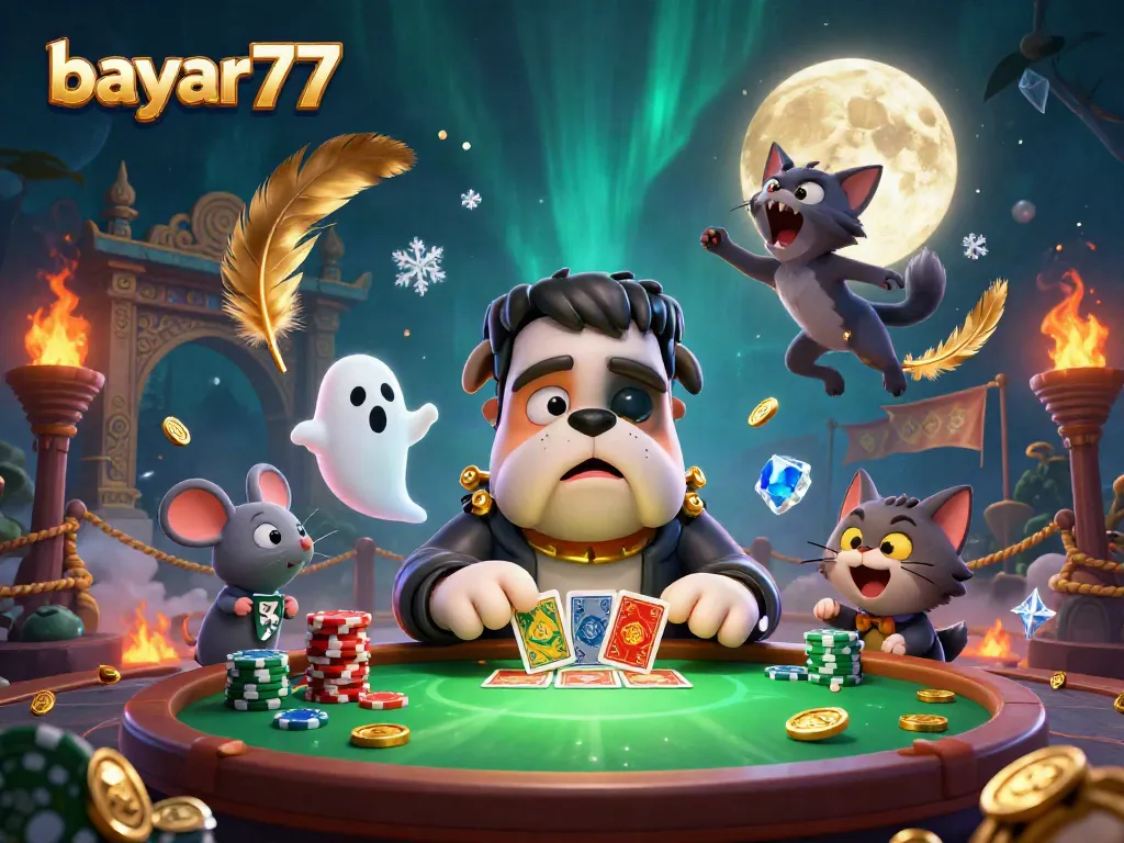 Bayar77 promotes gaming stability with a lively illustration featuring themed characters and casino elements.