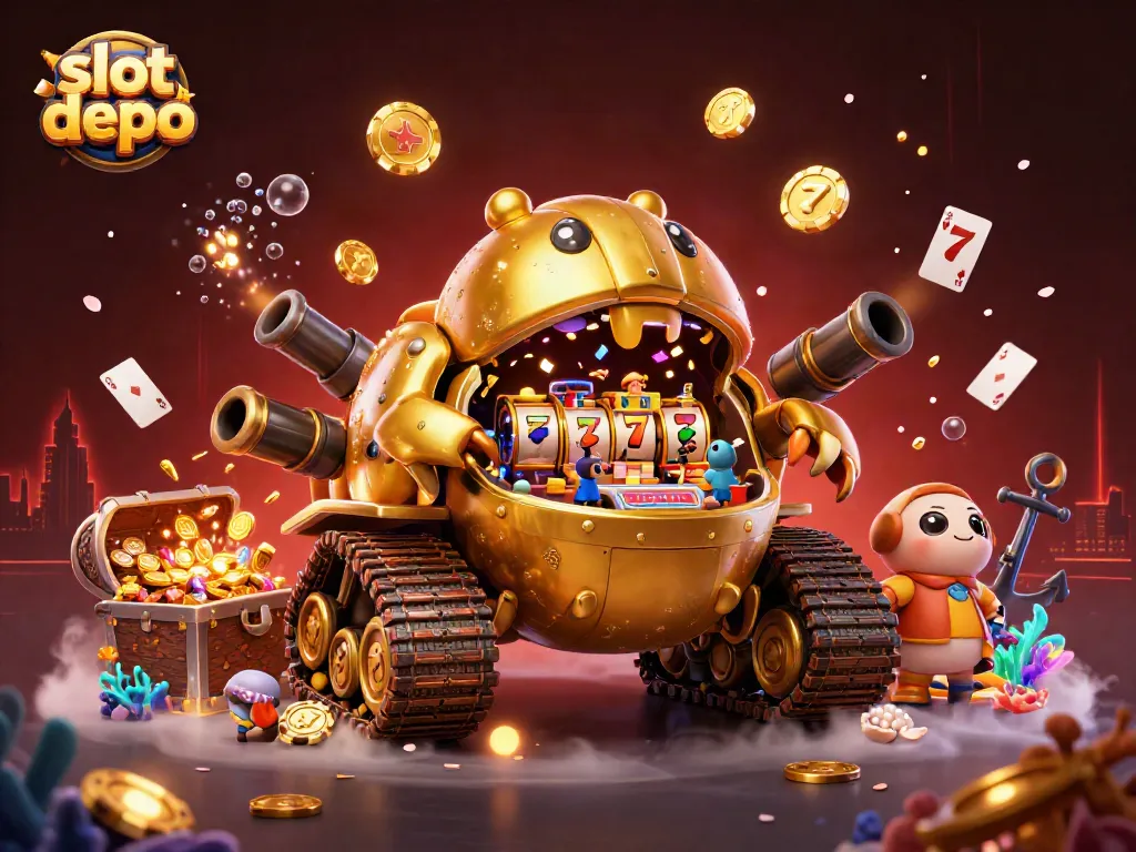 Engage with slot depo 2k in a lively 3D casino scene featuring vibrant gold and playful elements.
