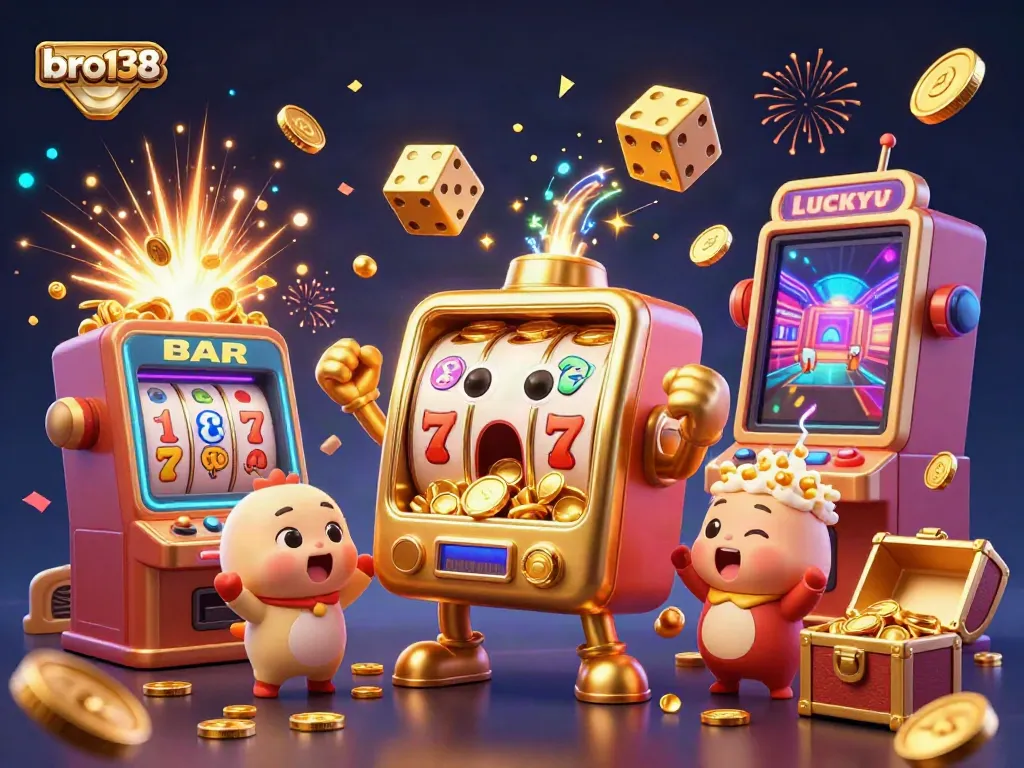 Celebrate gaming wins with the bro138 mascot and slot machines in an exciting casino scene.