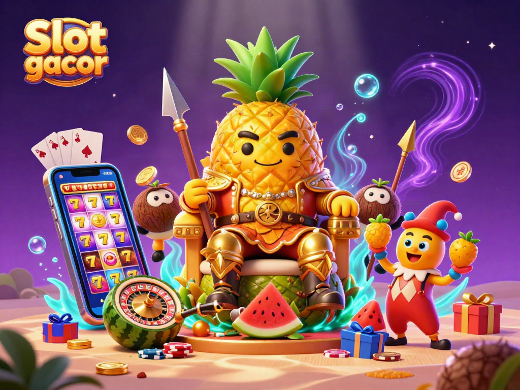 Gambarlah Slot gacor yang menampilkan raja nanas emas 3D yang duduk di takhta buah, dikelilingi oleh kasino pantai yang semarak.