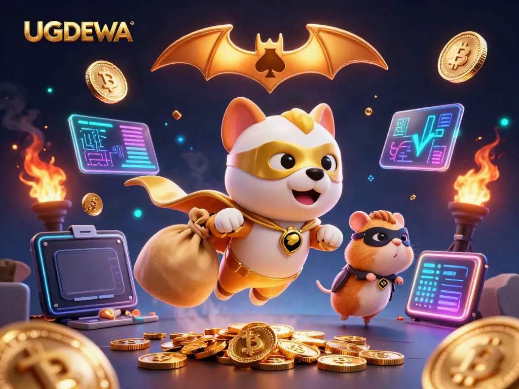 Experience thrilling wins with UGDEWA's superhero dog and hamster duo in a vibrant casino scene.