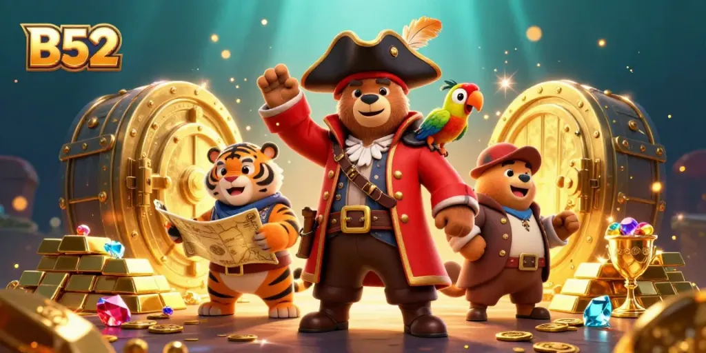 Engage with B52 gaming excitement as a cartoon pirate captain bear and tiger explore treasures.