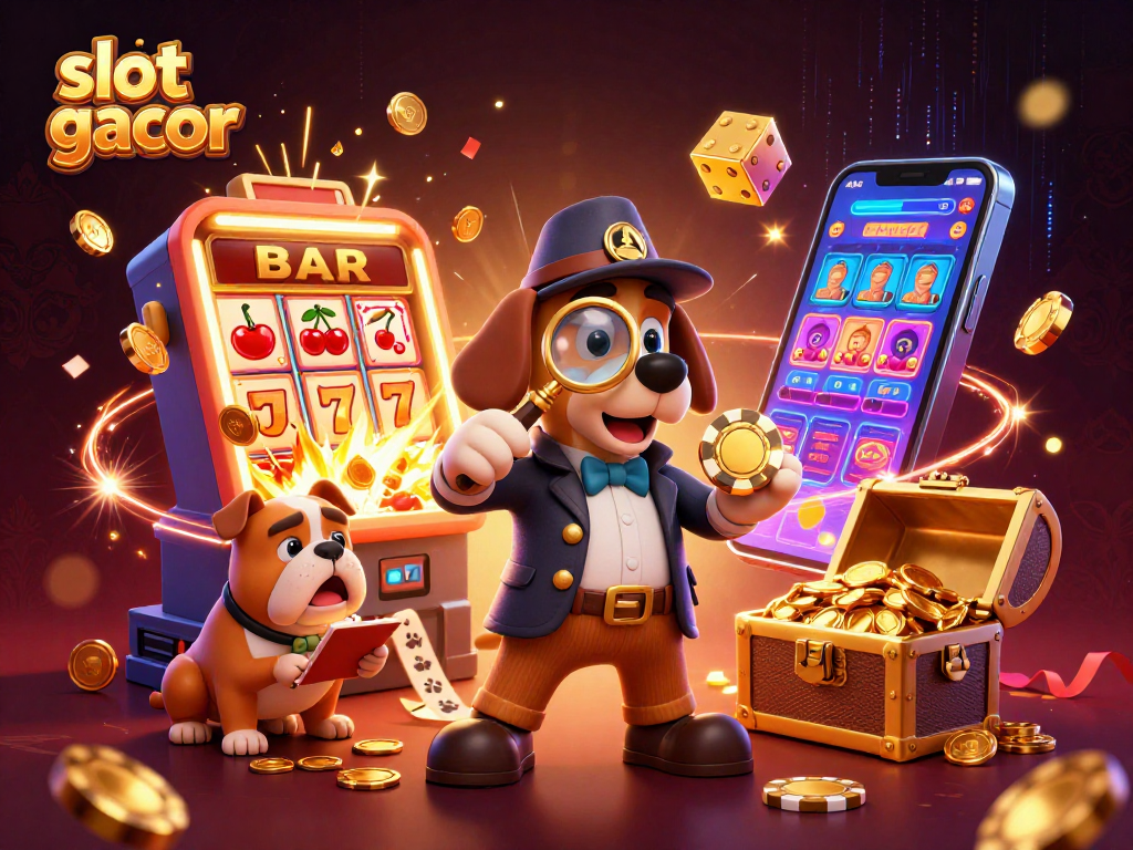 Slot gacor menang besar dengan karakter detektif mencari petunjuk chip poker di kasino.