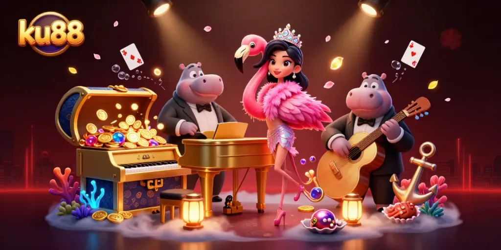 Join the fun at ku88 with a vibrant casino scene featuring a flamingo singer and hippo bassist in a lively atmosphere.