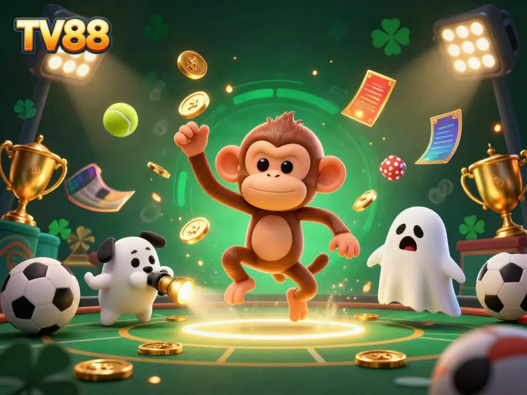 Track your wins at TV88 with an exciting haunted casino scene featuring a ghost and playful monkey.