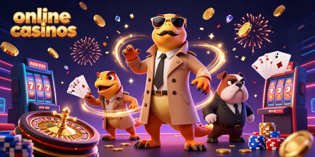 Watch online casinos come to life in a vibrant 3D scene featuring playful raptors and gold coins.