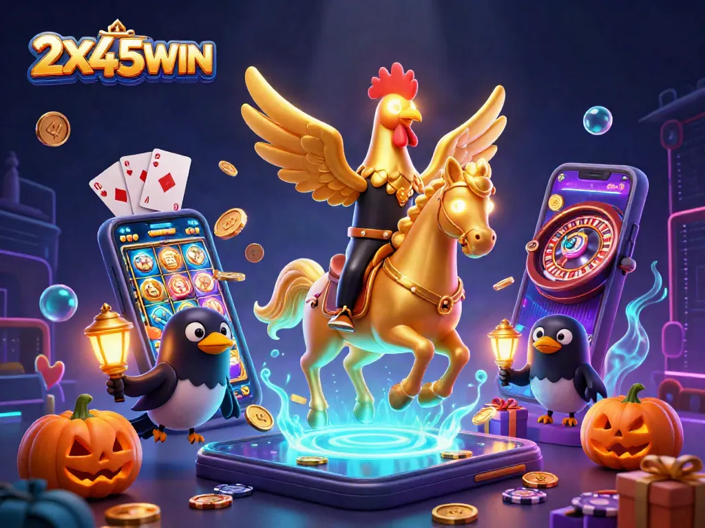 Slot 2X45WIN menampilkan keceriaan kasino dengan simbol keberuntungan dan permainan menarik.