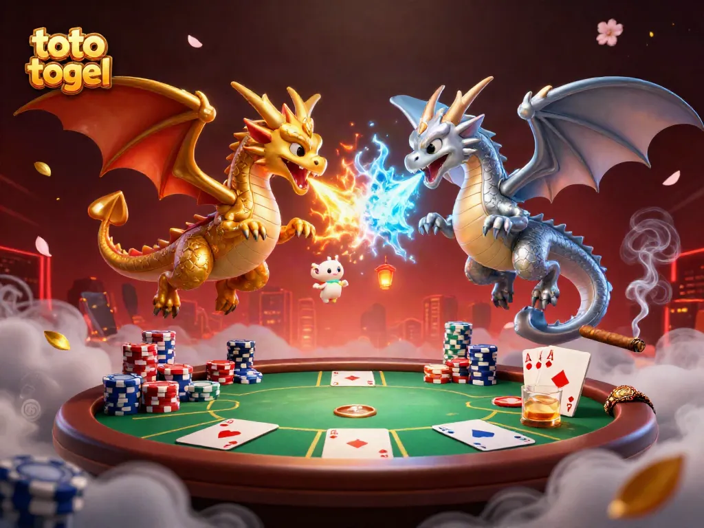 Gambarlah toto togel dengan dua naga 3D berwarna emas dan perak terbang, dikelilingi oleh elemen permainan judi.