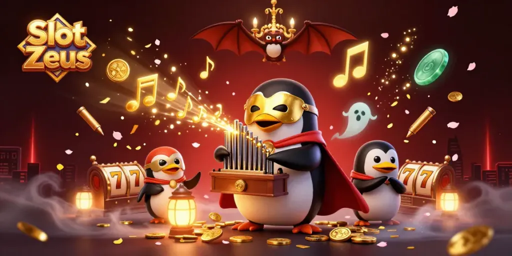 Gambarlah Slot Zeus yang menggambarkan penguin opera 3D dan elemen kasino yang memikat.