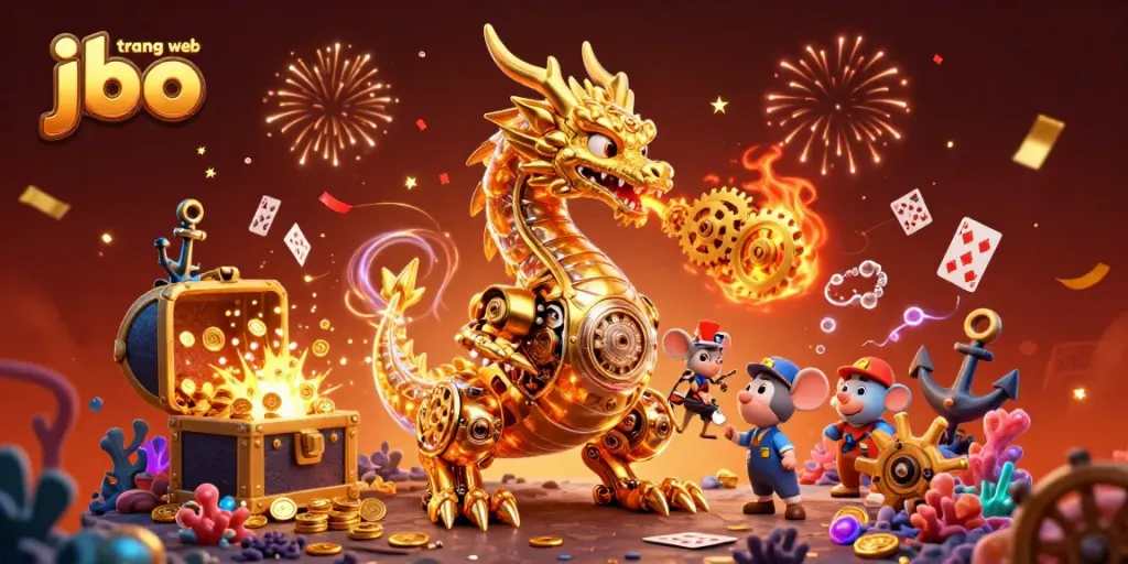 Experience the thrill of trang web jbo with a vibrant scene featuring a golden dragon amidst a burst of casino elements.