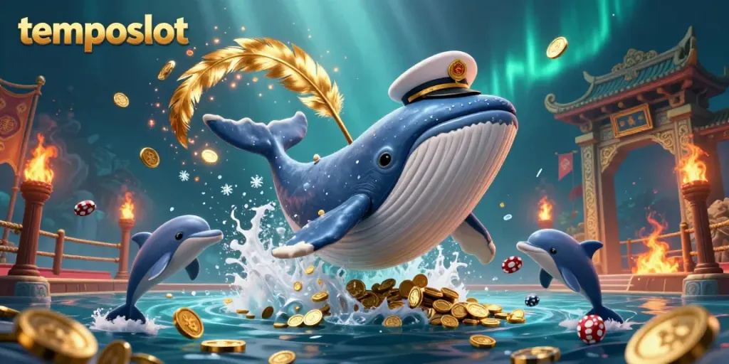 Experience the exciting temposlot adventure with a whale captain breaching coins and playful dolphins in a vibrant casino scene.