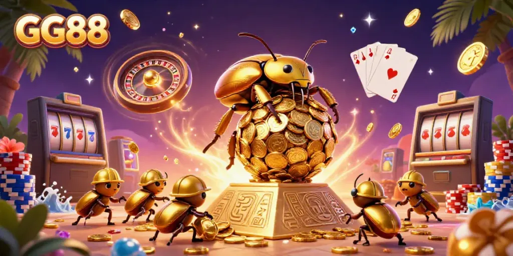 Experience the excitement of GG88 with golden beetles and casino elements in a vibrant 3D illustration.