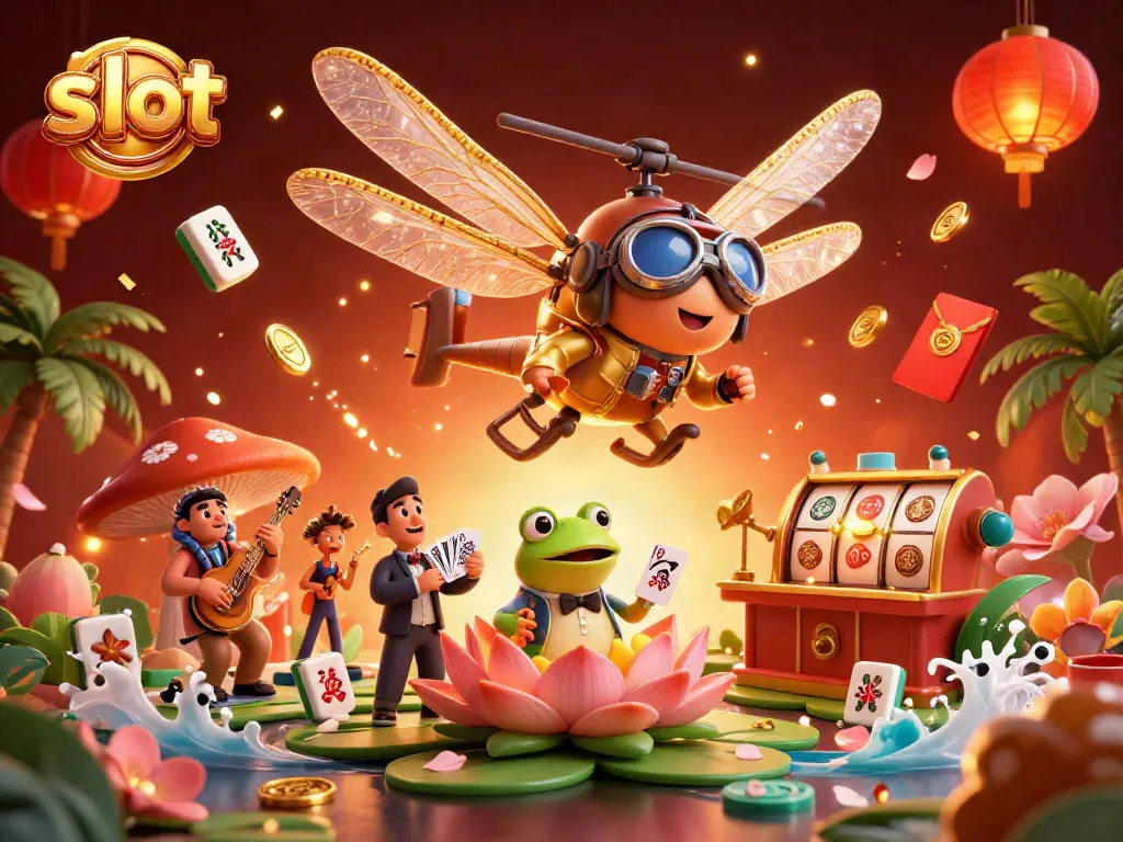 Engage with exhilarating slot action featuring a cartoon dragonfly pilot, frog croupier, and vibrant casino atmosphere.