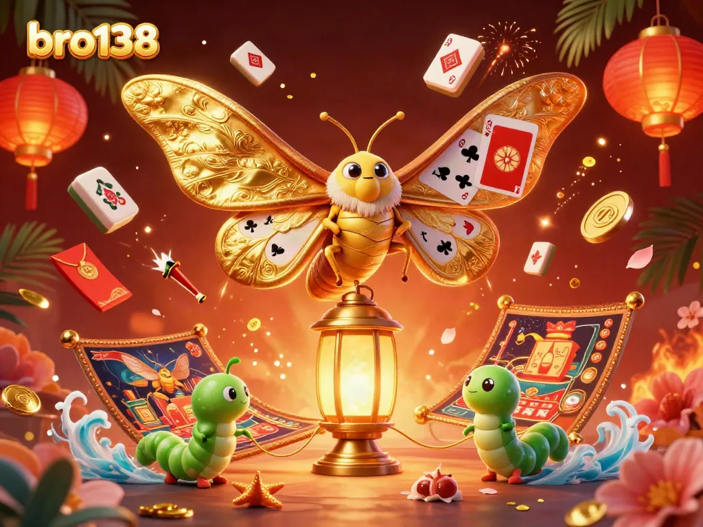 Experience thrilling games with bro138, featuring vibrant casino elements and a majestic moth illustration.
