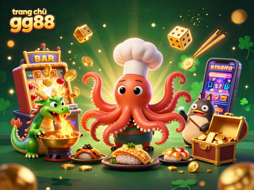 Win big at trang chủ gg88 with a vibrant casino scene featuring a sushi chef octopus and colorful games.