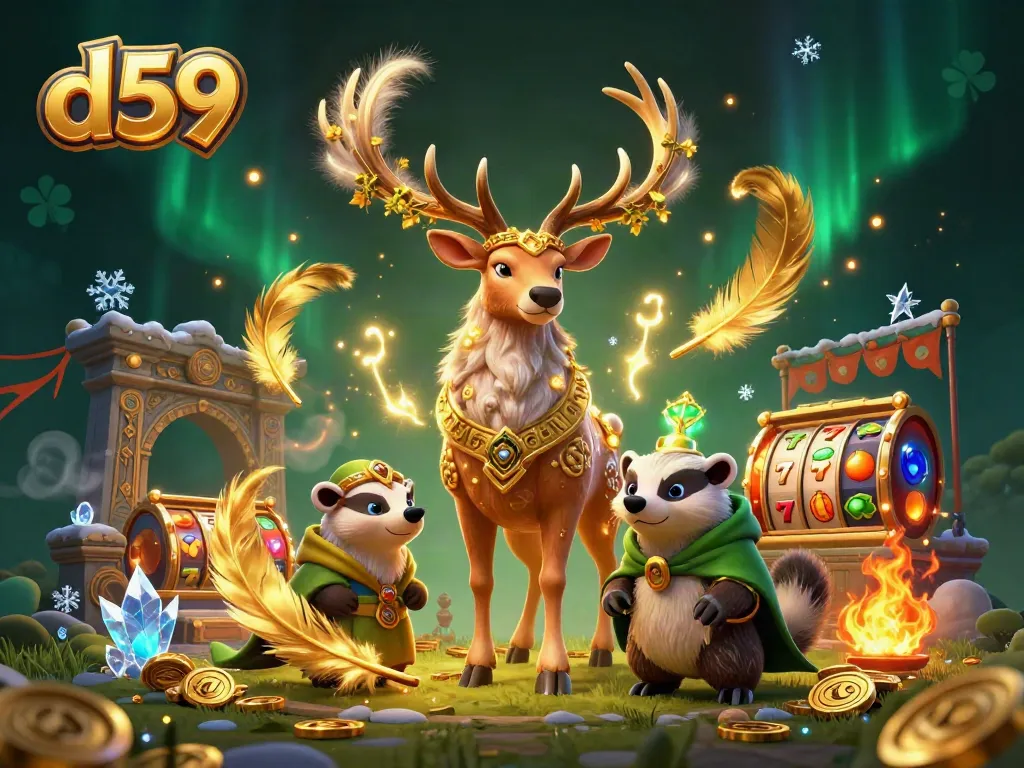 Spin the d59 slots with 3D characters amidst jewels and jackpot symbols in a vibrant casino.