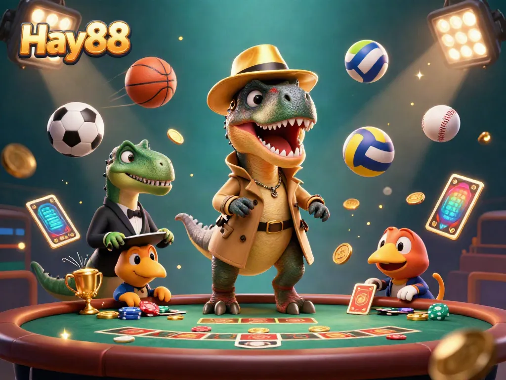 Hay88 showcases 3D cartoon characters like a velociraptor card counter at a dynamic gambling table.