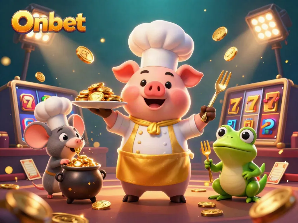 Experience the thrill of Onbet with a vibrant casino scene featuring a chef pig, mouse, and frog elements.