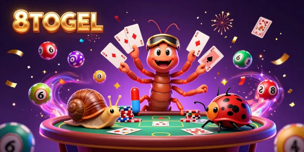 Engage with thrilling gaming at 8TOGEL featuring a vibrant 3D casino scene filled with colorful action elements.