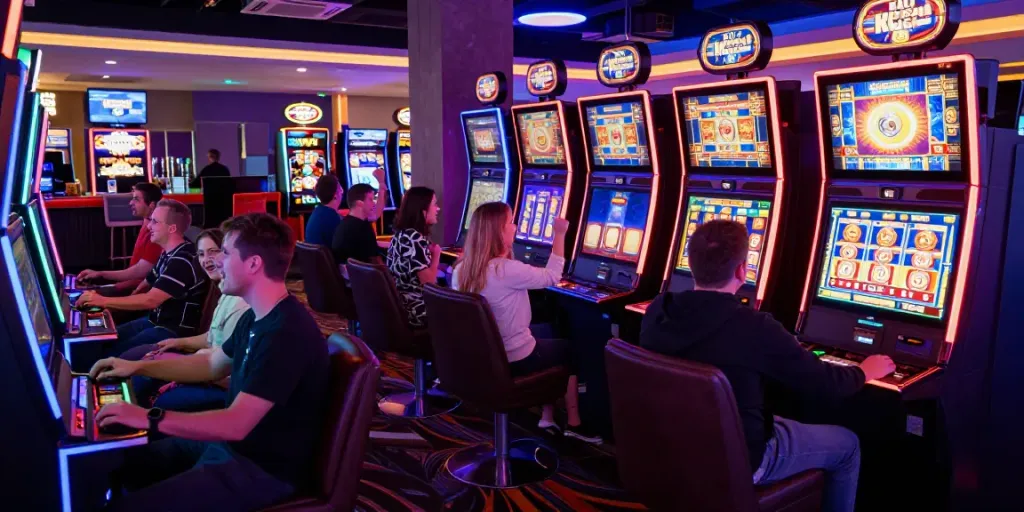 Engaged players enjoying slot games in a lively casino atmosphere.