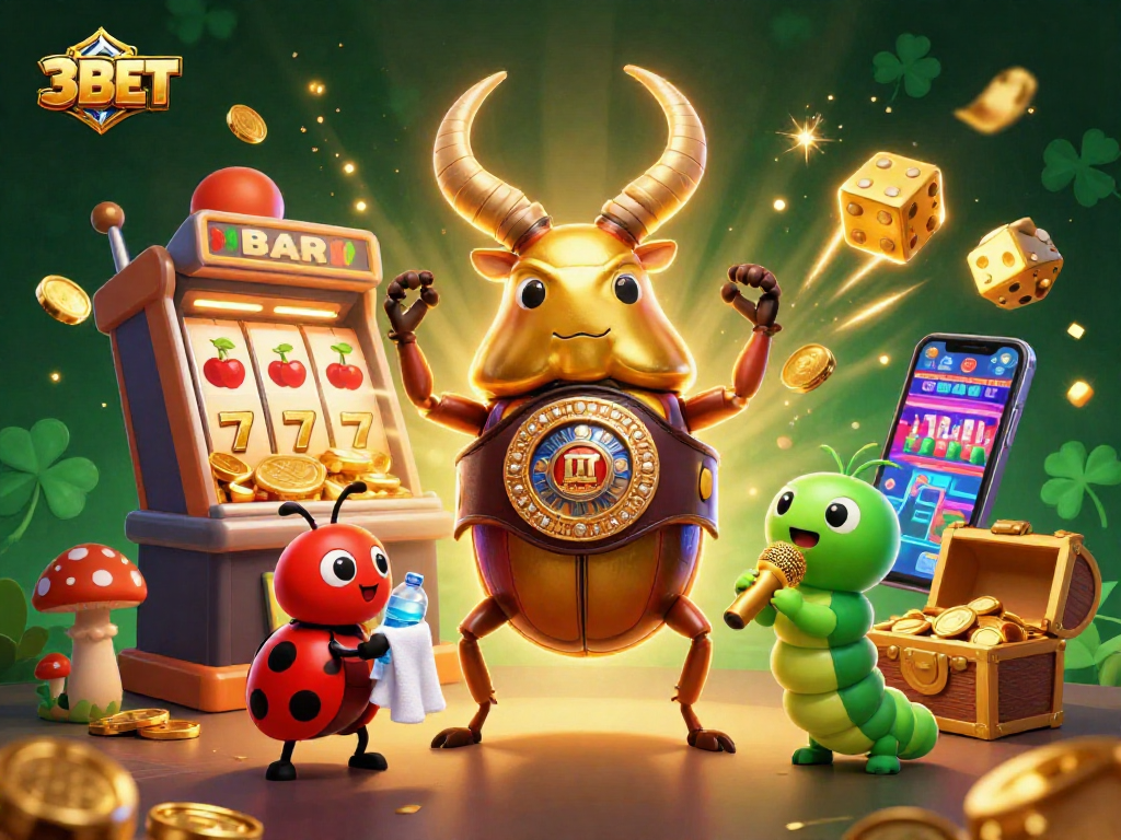 3BET showcases a dynamic scene of a golden stag beetle boxing champion amidst a vibrant casino atmosphere.