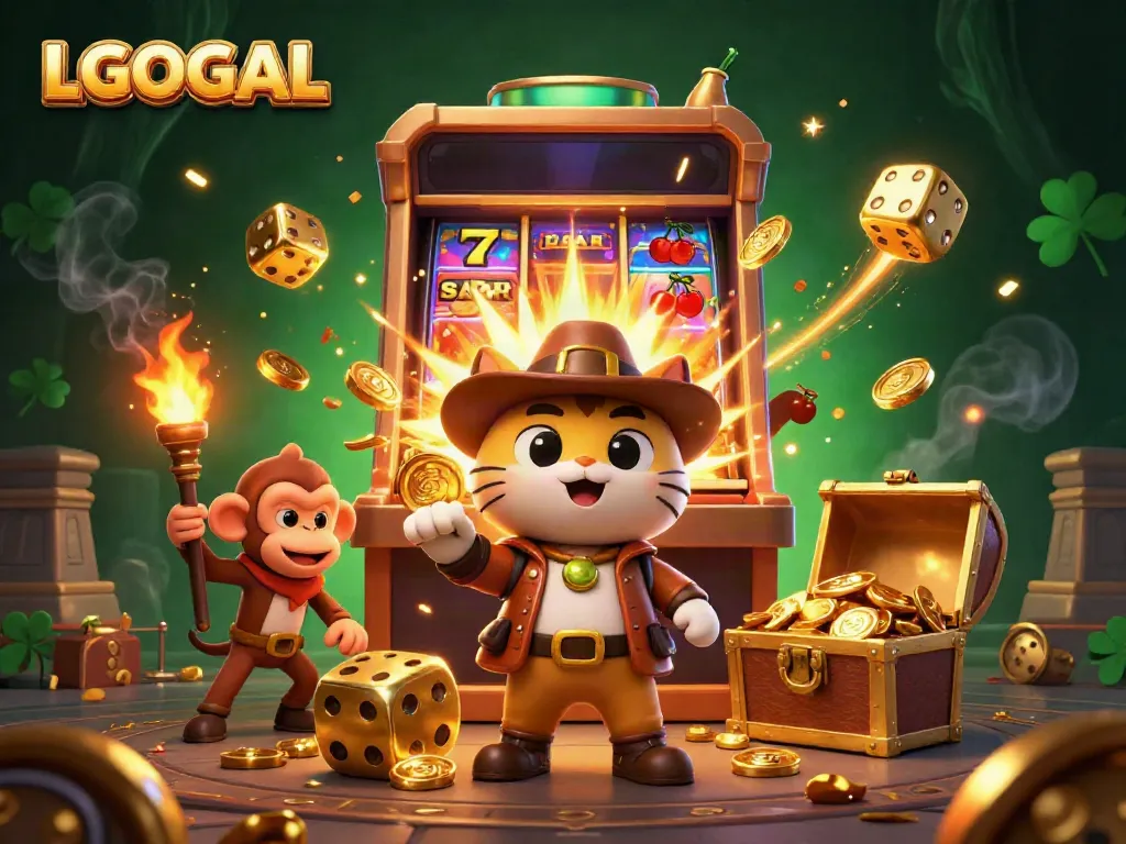 Engage with LGOGOAL as the explorer cat finds jackpot treasures in a dynamic casino adventure scene.