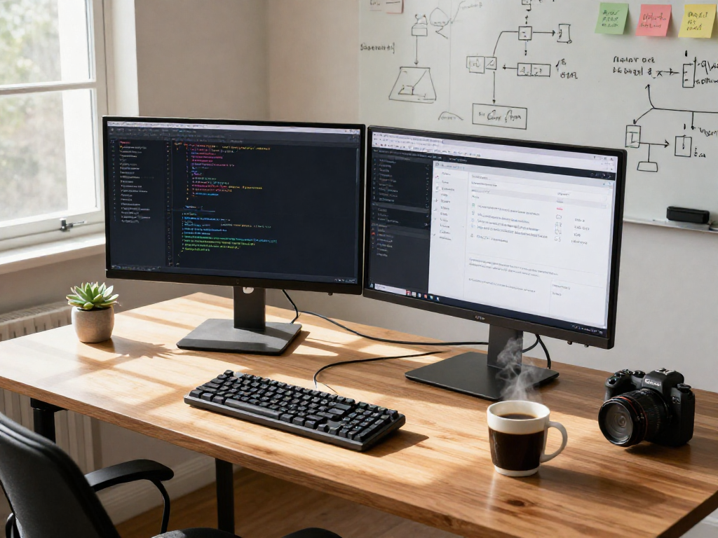 Developer di bos88ap.com sedang bekerja di ruang kerja modern dengan layar ganda, kode dan desain UI terlihat jelas.