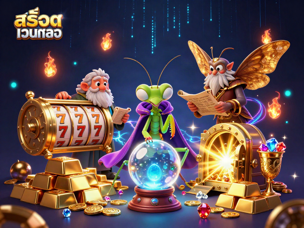 Experience the thrill of สล็อตเว็บตรง with a bustling casino illustration featuring vibrant slot reels and fortune elements.