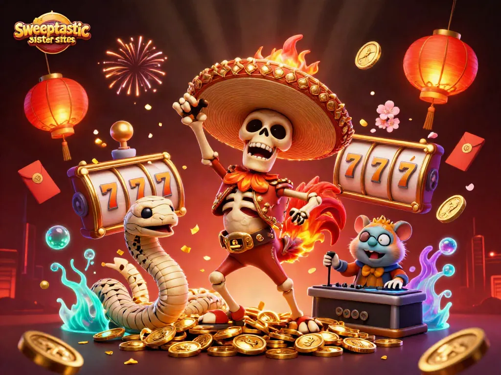 Sweeptastic sister sites characters celebrate on a pile of winnings with vibrant game elements.