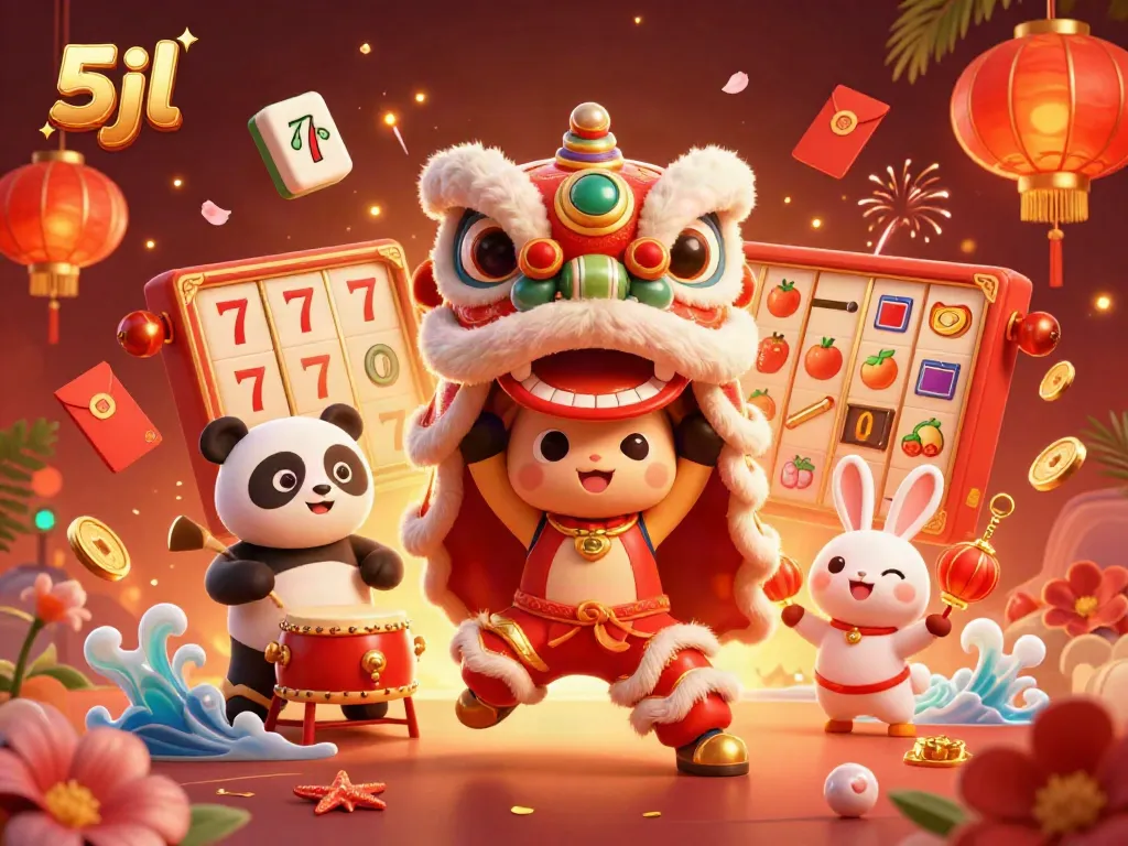 Engage with 5jl's vibrant casino illustration featuring festive characters and dynamic game elements.