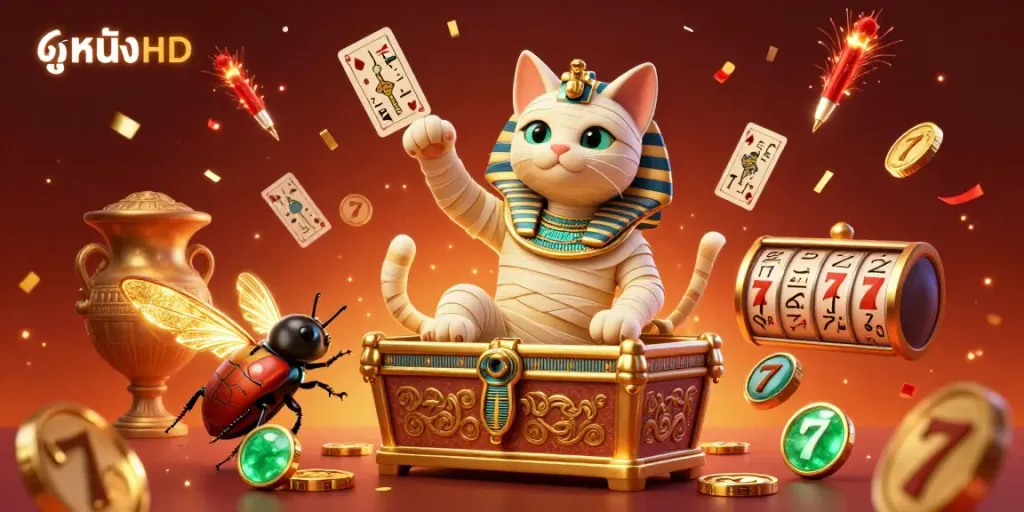 Engaging casino illustration showcasing a mummy cat and a scarab beetle amidst vibrant gaming elements, highlighting ดูหนังHD.