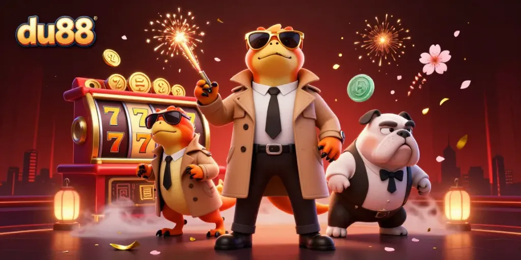 Experience the excitement of du88 with lucky jackpots and animated casino elements in this vibrant scene.