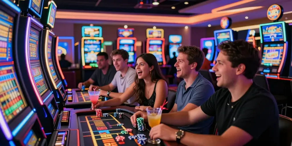 Exciting casino atmosphere showcasing players at slot gacor machines with thrilling expressions.