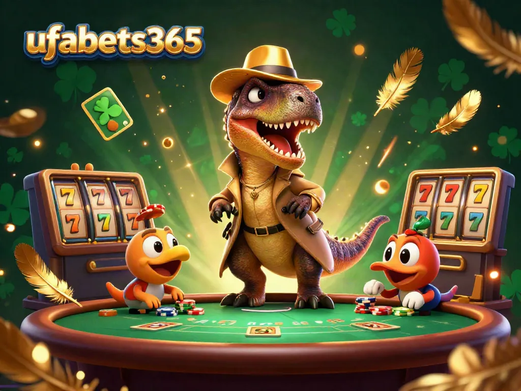 Engage in thrilling gameplay at ufabets365, featuring a clever velociraptor at a blackjack table, with vibrant casino elements.