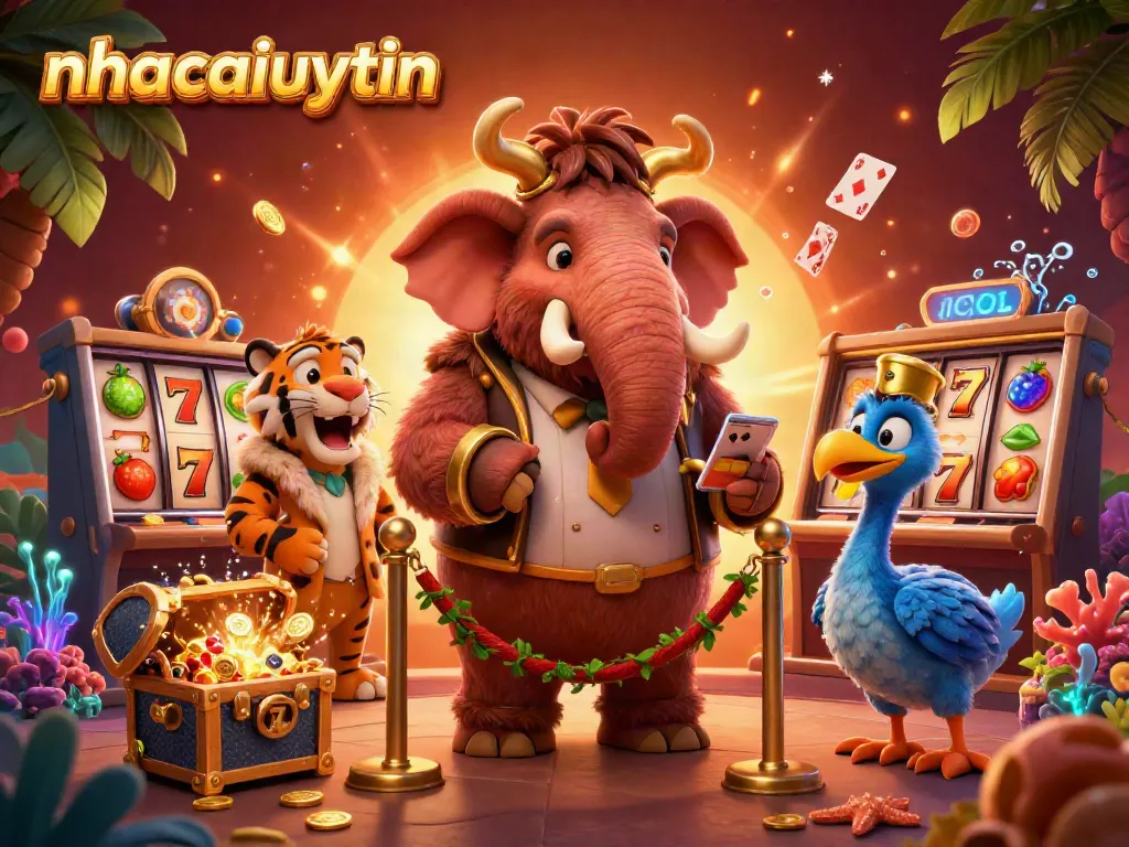 nhacaiuytin showcases a vibrant 3D casino bouncer scene with a saber-tooth tiger and playful elements.