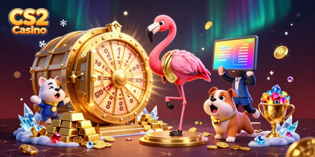 Exciting scene at a CS2 Casino with a flamingo host, bulldog contestant, and prizes shimmering.
