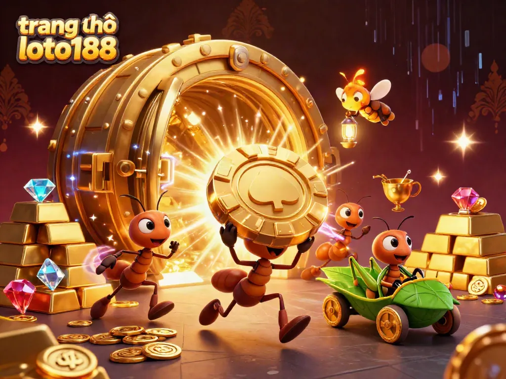 Engaging illustration showcasing a team of ants, heist elements, and the theme of trang chủ loto188 for casino excitement.