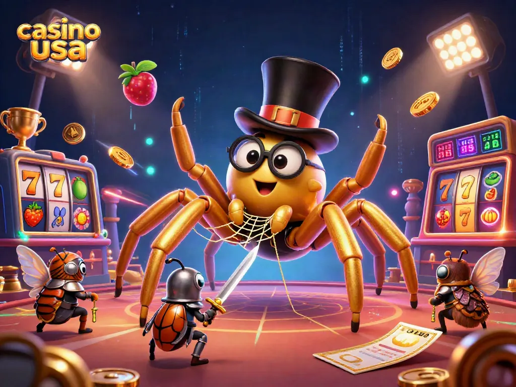 Experience excitement at casino usa with a golden tarantula weaving winning jackpots, as a brave beetle knight approaches.
