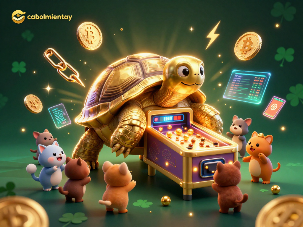 Engage in thrilling gameplay with caoboimientay, featuring a golden tortoise pinball machine and crypto elements.