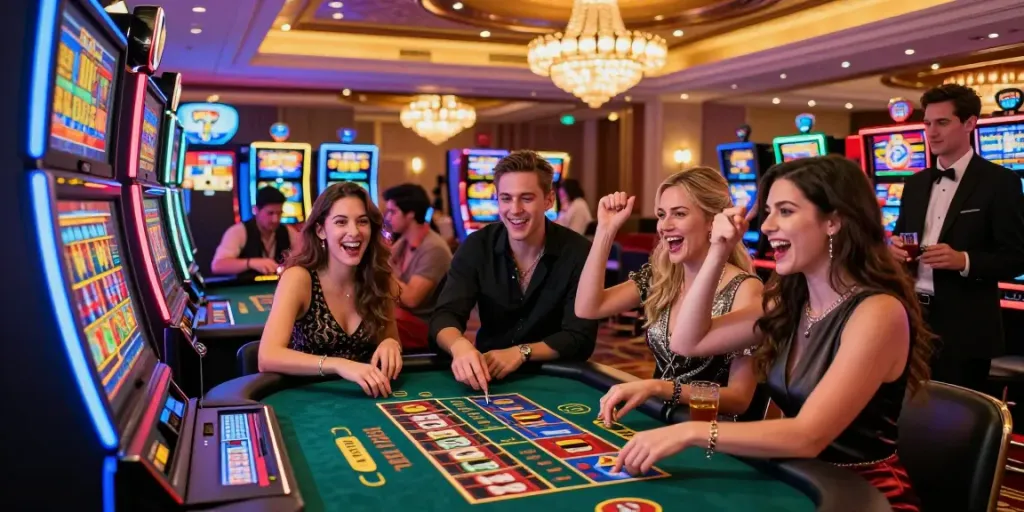Friends celebrating at a Lucky777 casino table with vibrant lights and joyful atmosphere.