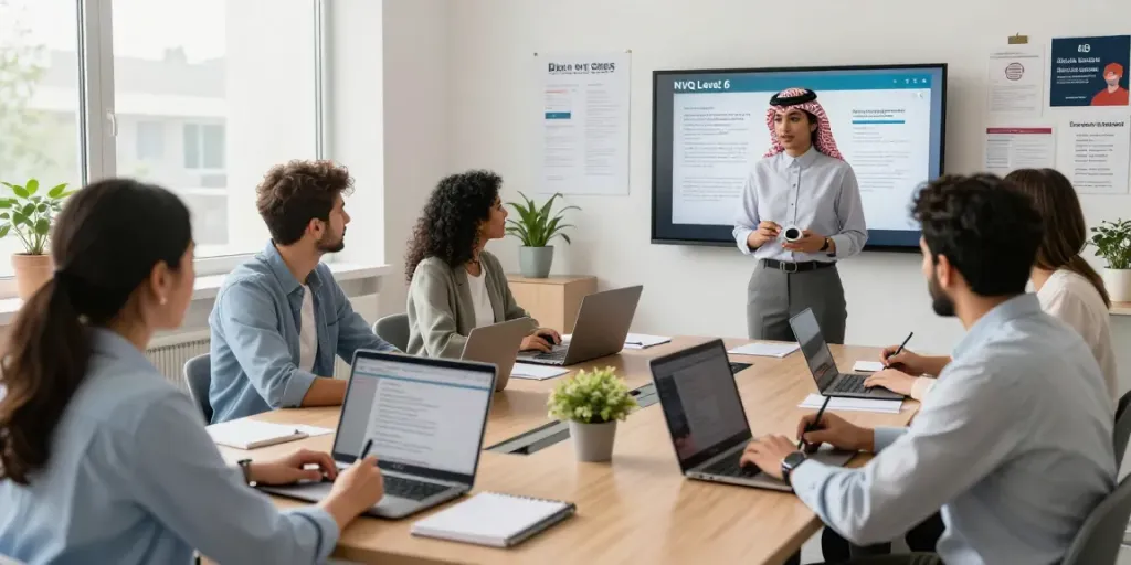 Engaged learners in a virtual training session for NVQ Level 6 in Saudi Arabia, focusing on health and safety.
