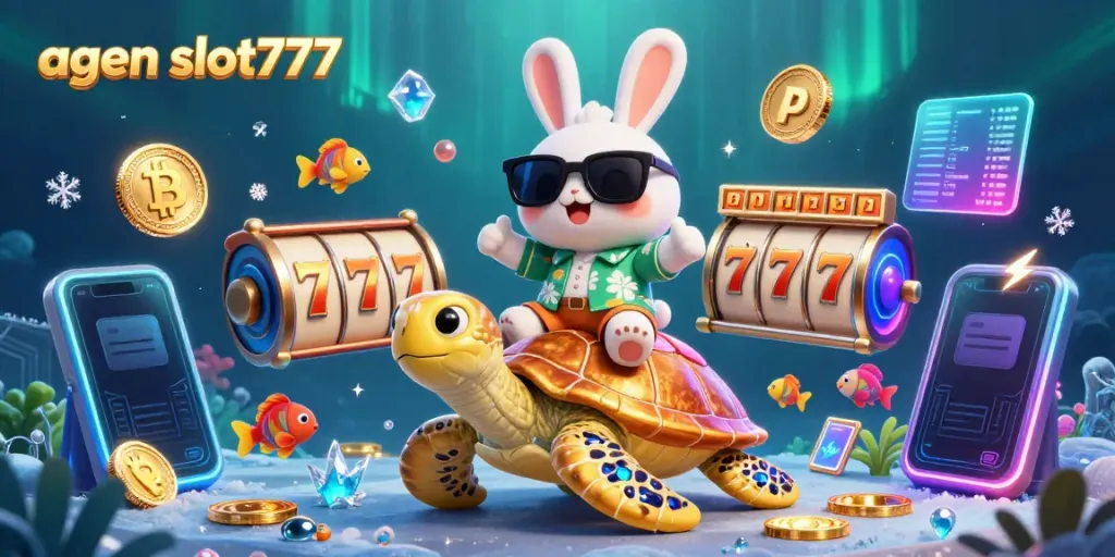 Play exciting slot games on agen slot777 with a vibrant 3D illustration featuring lucky rabbit and golden turtle.