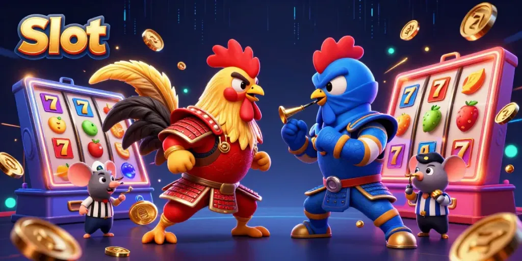 Engaging Slot scene with vibrant slot reels and animated fighting roosters showcasing excitement and gaming fun.
