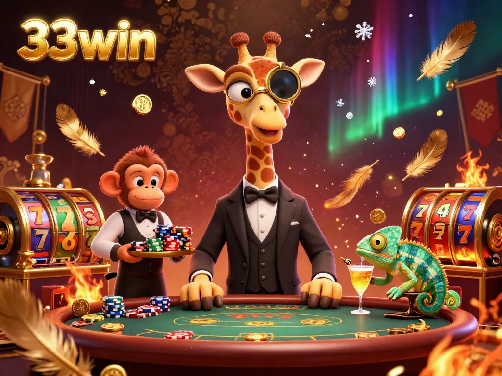 Experience the thrill of 33win with a high-roller giraffe at a VIP poker table, surrounded by luxury.