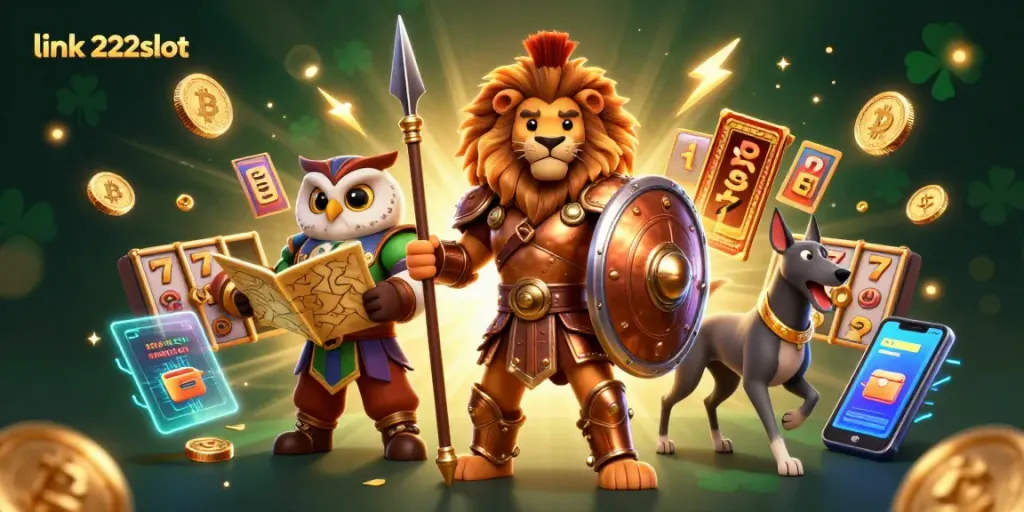 Permainan slot online link 222slot, simbol keberuntungan berkilau dan karakter dinamis dalam ilustrasi 3D.