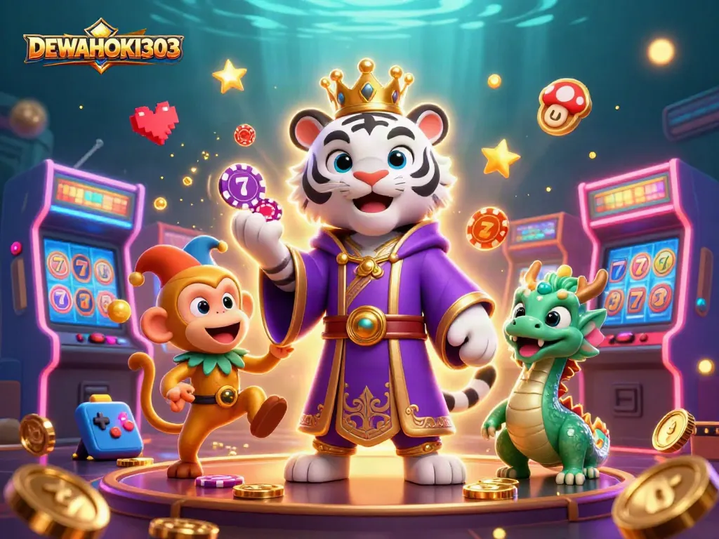 DEWAHOKI303 menghadirkan permainan slot menarik dengan karakter ceria yang menyemarakkan suasana kasino.